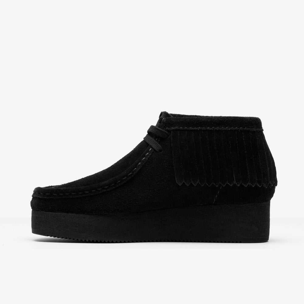 Wallabee Wedge Fringe Black Suede | Clarks on Sale - Women